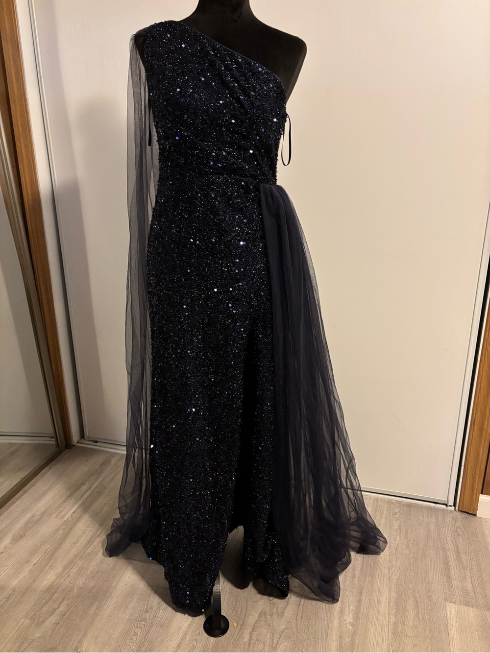 Womens Sz L Navy Dress One Shoulder Sequin Tulle Drape Long Maxi Wedding Event